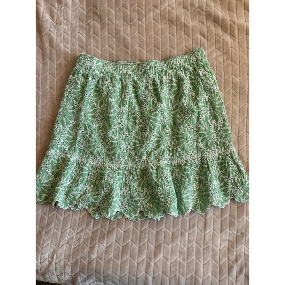 LOFT Eyelet Mini Skirt Green L Scalloped Ruffle Hem Cottagecore Boho - Picture 2 of 8